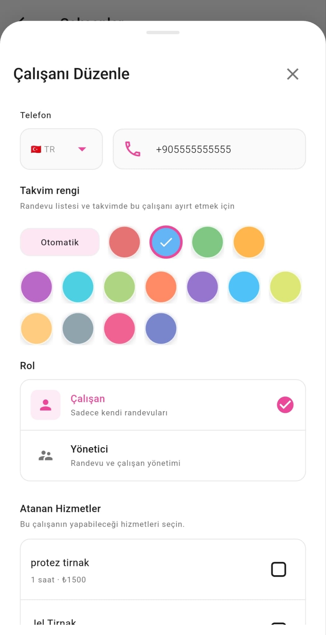 Tiptap çalışan kartı — renk ve verdiği hizmet seçimi