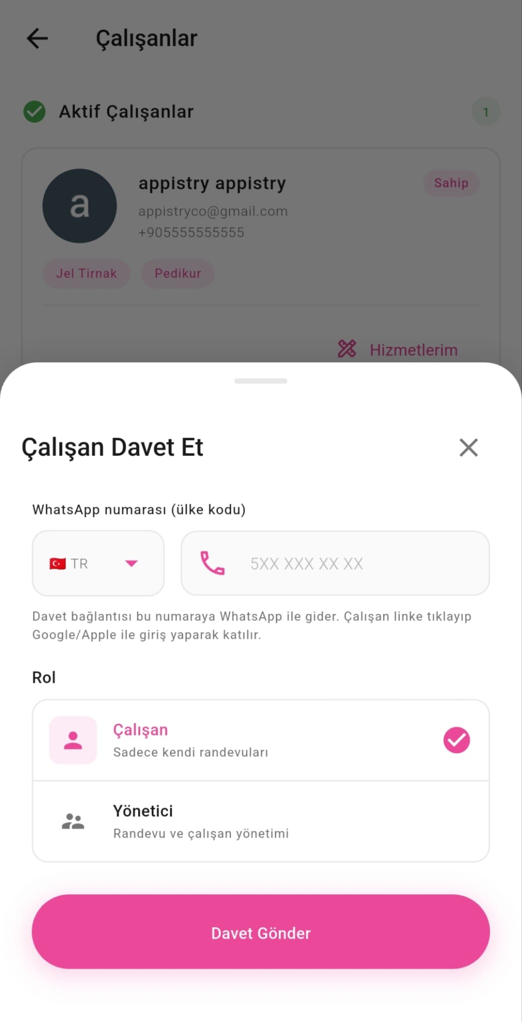 Tiptap — çalışan daveti: telefon ve davet bağlantısı