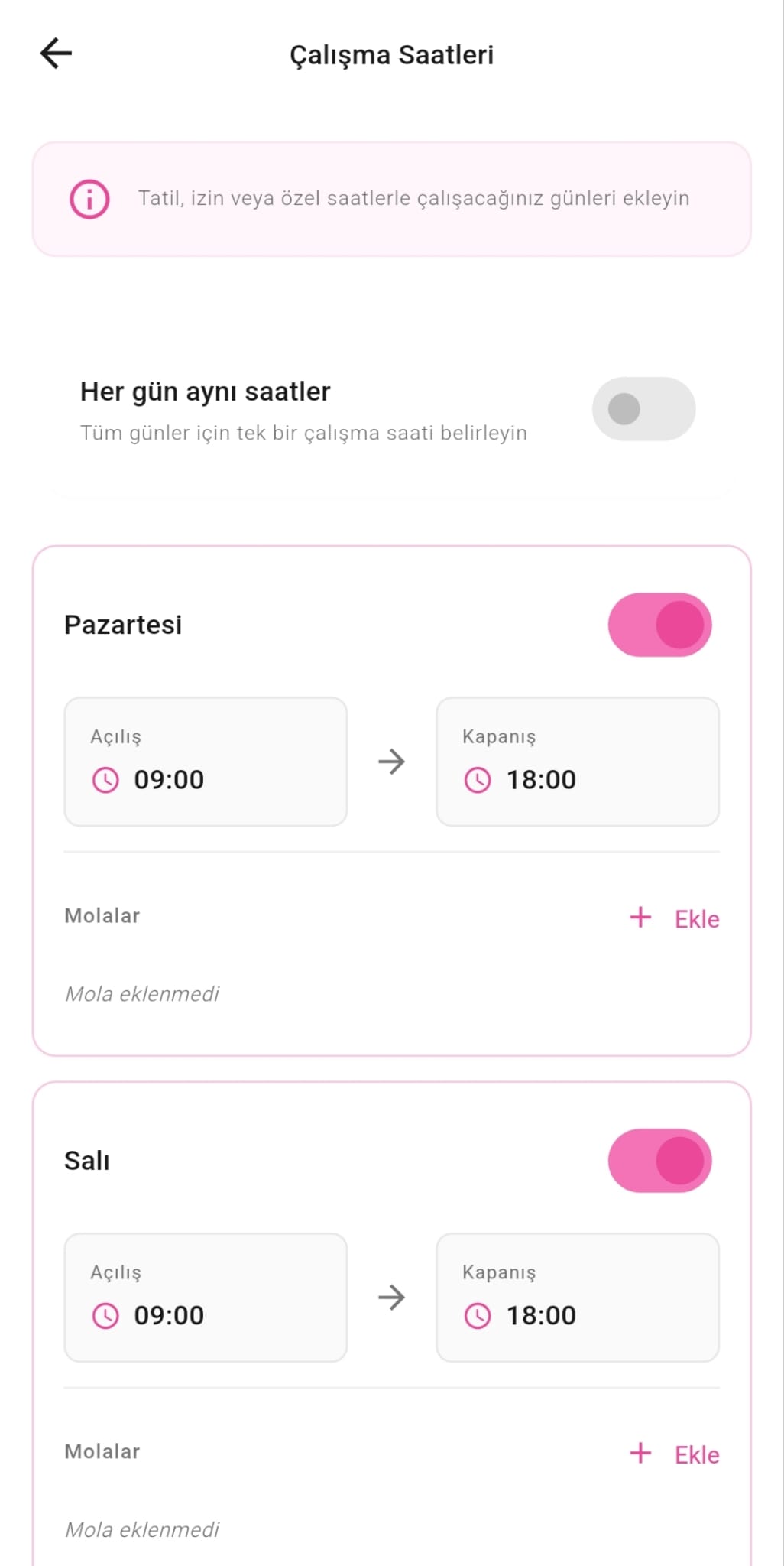 Tiptap çalışma saatleri: üstte her gün aynı saat anahtarı